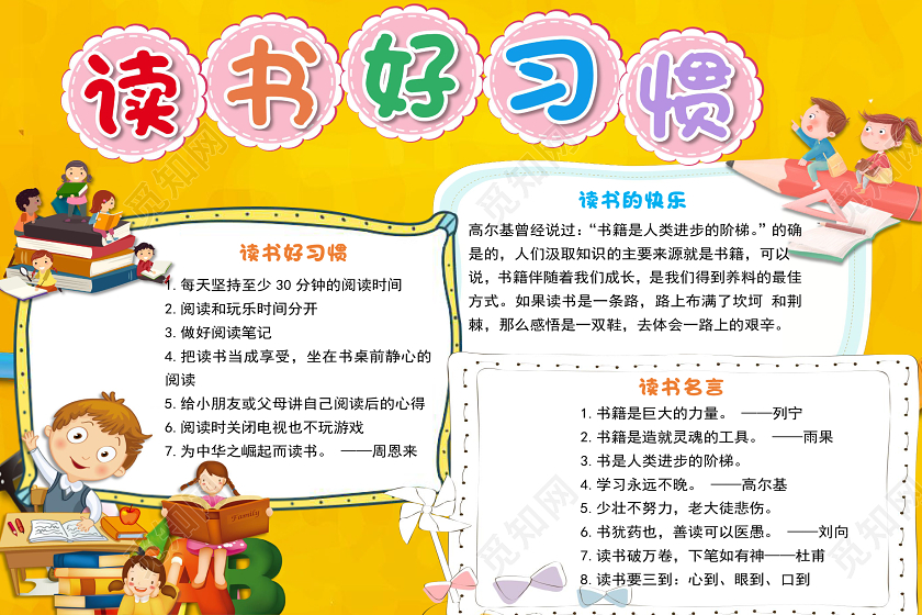 黄色卡通简约读书好习惯世界读书日小报手抄报word模板世界读书日阅读