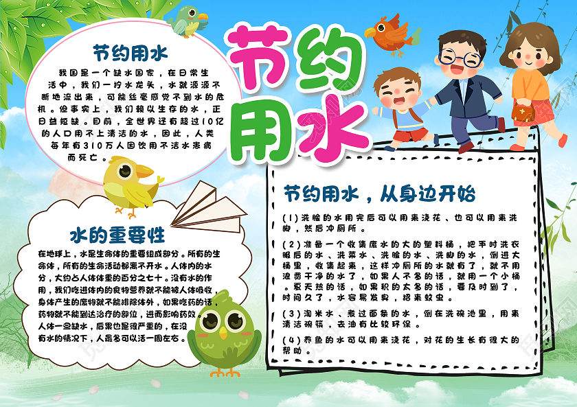 蓝绿色卡通节约用水小报手抄报世界水日
